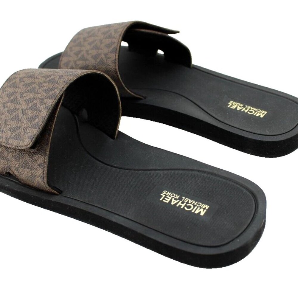 Michael Kors Wade Adjustable Slide Sandal Brown Logo Canvas NEW Sz 8 - Picture 6 of 8
